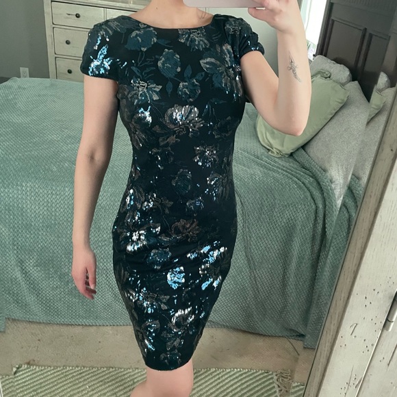 Calvin Klein Blue Floral Sequin Dress With Cowl Back Detail - Picture 12 of 14